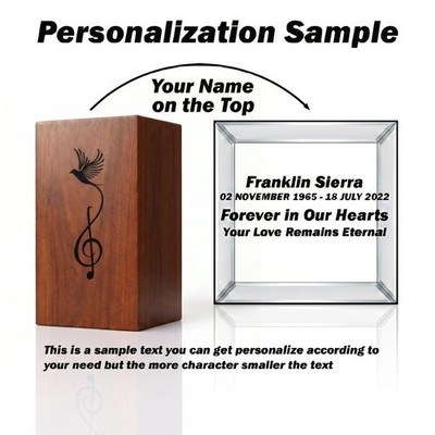 Handcrafted Wooden Music Memorial Urn for Ashes - Musical Note & Bird Engraved
