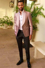 Men's Pink Shawl Lapel Blazer Black Pants Groom Tuxedos Party Prom Wedding Suit