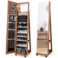 64" Jewelry Organizer Lockable Jewelry Cabinet Armoire w/ Mirror & LED Lights