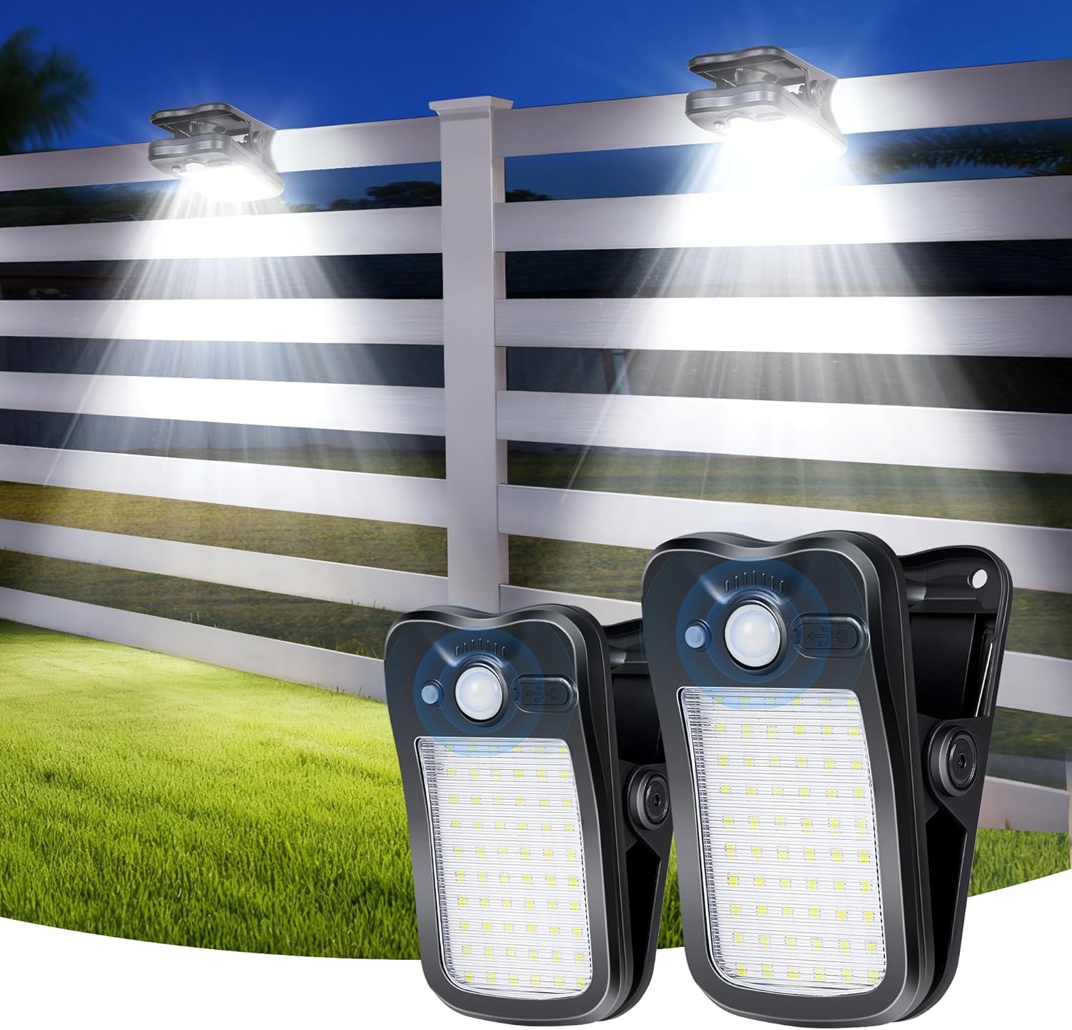 2X Clip on Solar Lights Outdoor 3-Mode Solar Motion Lights Security Fence Light