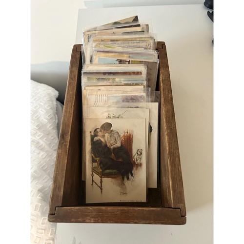 Vintage Postcard Lot with Rustic Wooden Storage Box Antique Ephemera Collection