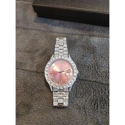 Pink Dial Crystal Encrusted Silver Tone Watch Roman Numeral Date Window New