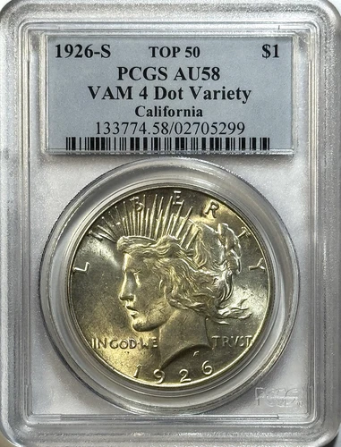 1926-S Peace Dollar - PCGS AU58 - VAM-4 Dot Top 50 Variety Rare S Mint Slider $1