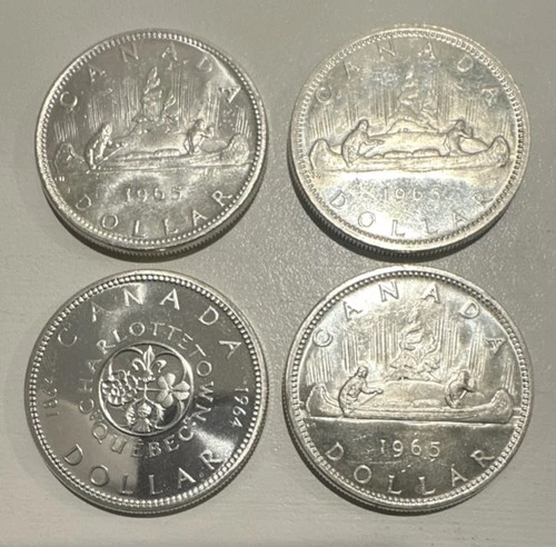 Canada Silver Dollar Coins 1964 Charlottetown Quebec 1965 Voyageur $1 Lot of 4