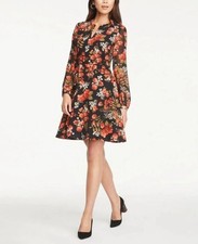 Ann Taylor Red Orange Black Poppy Floral L/S A-Line Dress 2 Petite