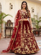 Velvet Lehenga Choli Floral Zari Thread Embroidery Wedding Party Wear