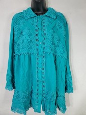 Urban Mango Blouse Women's Size XL Aqua Lace Panels 3/4 Sleeve Cut Out Front