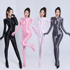 Women Shiny Jumpsuit Full Bodystocking Semi-Transparent Silky Bodysuit W Gloves