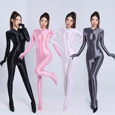 Sexy Satin Shiny Body stockings Zipper Crotch Bodysuit Jumpsuit +5 Finger  Gloves