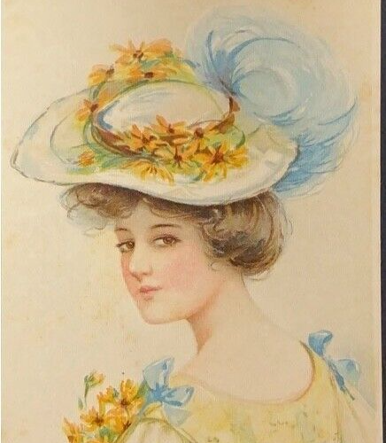 MAUD HUMPHREY GLAMOUR LADY;DAISY FLOWERS, FEATHER ON HAT. NEAR MINT! - Picture 1 of 3