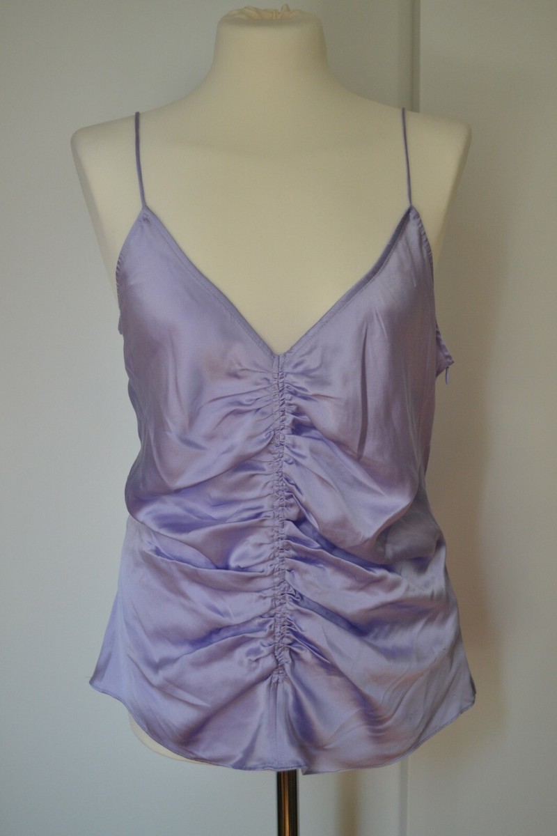 ZARA WOMAN V-NECK THIN STRAPS GATHERED SILK CAMISOLE TOP LILAC REF