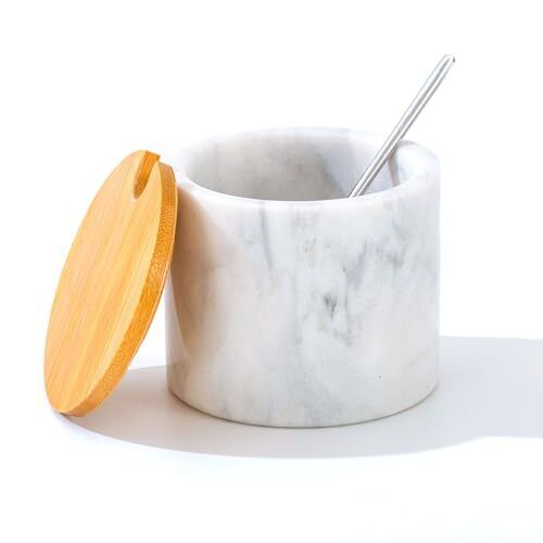 Marble Sugar Bowl with Lid & Spoon, Sugar Container light white grey - Picture 1 of 7