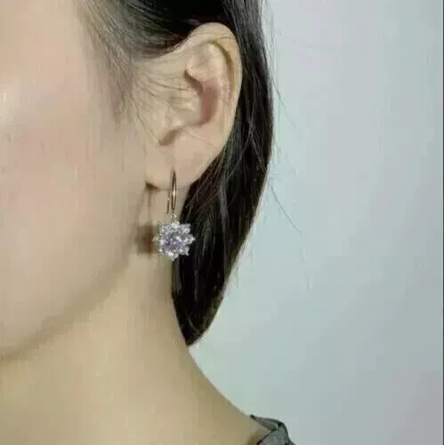 Pendiente colgante/gota de mossanita real redondo de 2 quilates enchapado en oro blanco de 14 quilates para mujer Foto 3 de 4