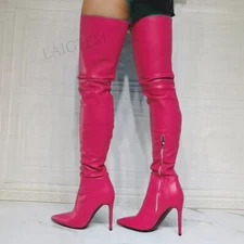 Women Thigh Boots Faux Leather Pointed Toe Stiletto High Heels Over Knee Boots 