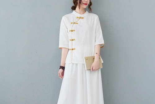 Summer Chinese Style 3/4 sleeve Tops Women's Casual Cotton Linen Shirts Blouse - Picture 9 of 22