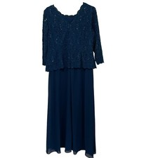 Alex Evenings Occasions Women's Tea Length Navy Blue Sequin Mock Dress Size 14W