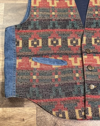 Chaleco Azteca De Colección Para Hombres XL Rojo Azul Denim Chaleco Arizona Jeans Años 90 Western. - Imagen 4 de 10
