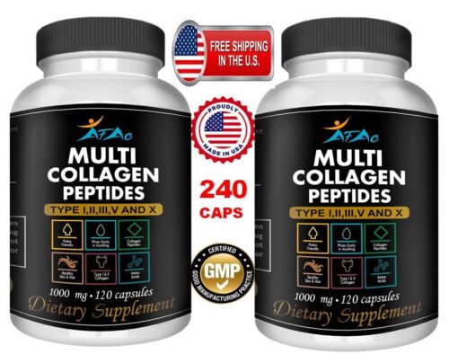 Collagen Peptides pills 1000 mg Hydrolyzed Collagen i, ii,iii,V,X 240 capsules - Picture 1 of 8