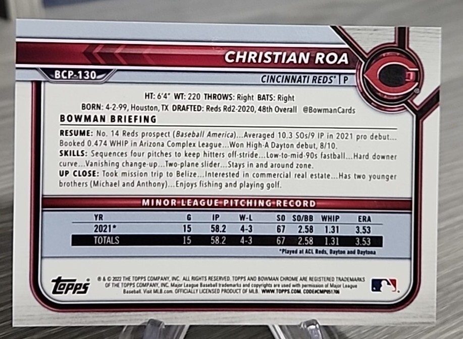 Christian Roa 2022 Bowman Chrome Green Shimmer Refractor /99 Reds #130 ...