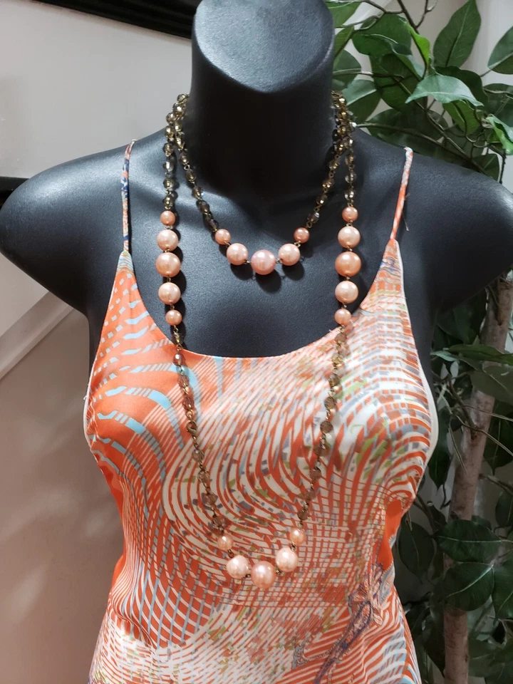 Maxi Vestido Esley Naranja Paisley Poliéster Cuello Redondo Sin Mangas Grande Foto 3 de 4