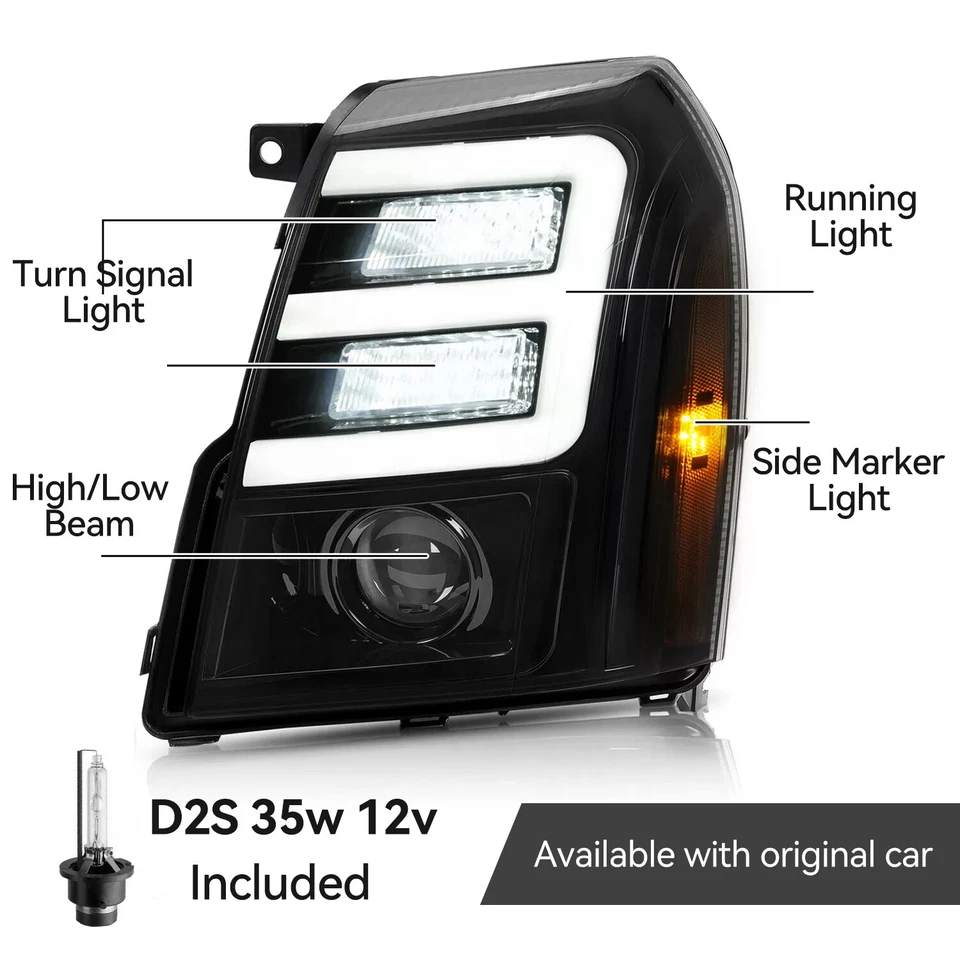 For Cadillac Escalade HID/Xenon 2007-2014 Smoke LED DRL Projector Headlights - Image 2 of 4