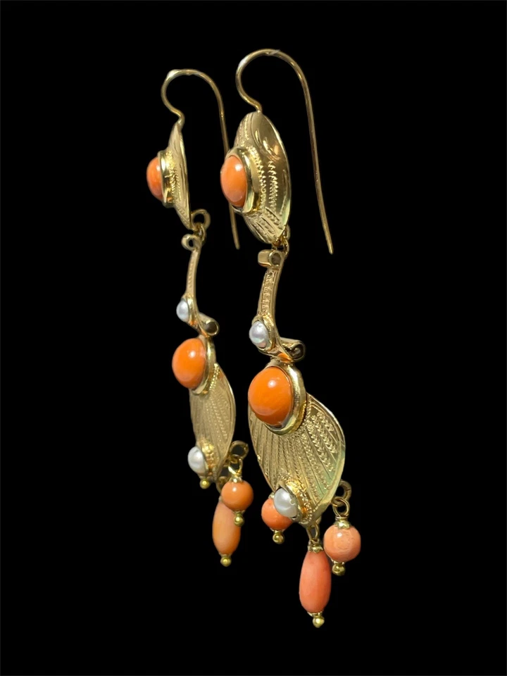 Orecchini Art déco in argento Corallo Sciacca e perle naturali - Immagine 2 di 4