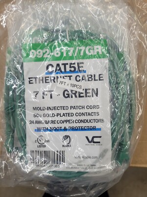 7 Foot Green - Ethernet Network Cable - Cat5e Patch Cord - 7 Ft - LAN - 10 Pack