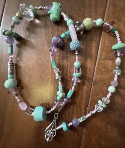 Vintage Necklace Turquoise Amethyst Silver Glass Millefiori Bohemian Strand 27" - Picture 3 of 7