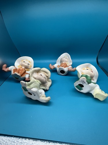 Homco Pixie Elves Tulip Hats Figurines Ceramic 5615-5213 Orange, Green Vintage - Foto 5 di 6