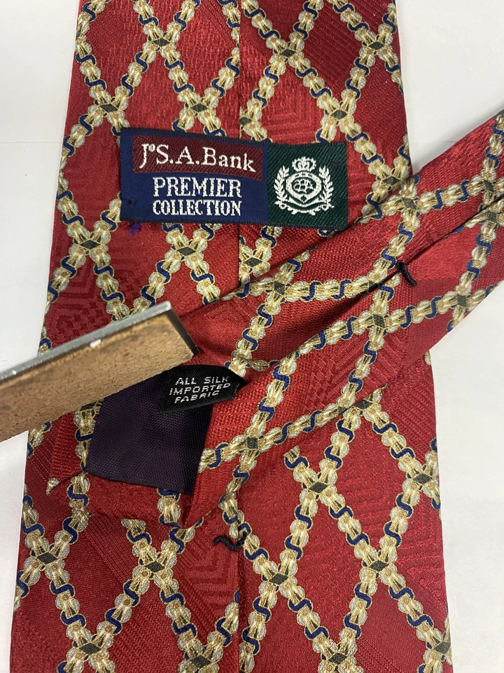 Jos. A. Corbata de seda para hombre Bank Premier Collection geométrica roja/marrón/blanca usada en excelente estado Foto 2 de 4