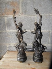 2 x Antique French Bronzed Spelter Figurines on Wooden Bases La Pouvior/La Force