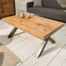 Massivholz Couchtisch THOR 110cm Wildeiche geölt X-Gestell Metall anthrazit