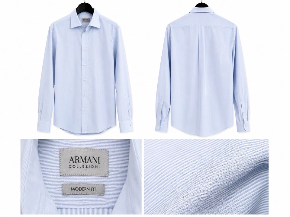 Chemise Armani Collezioni Homme Coton Bleu Rayé Modern Fit Tour de Col 41 - Photo 1/1