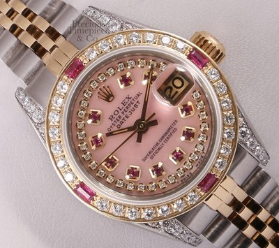 Rolex Datejust 26mm Two-Tone Ruby Diamond Bezel Lugs Pink MOP String Ruby Dial