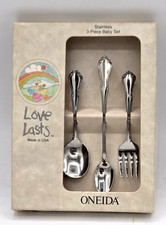 MCM Oneida Stainless Vtg Chateau Deluxe 3pc Infant to Child 2 Spoon Fork Set NOS