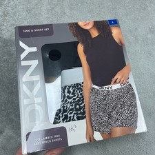 DKNY Womens Tank  Short Set Large Black  Leopard Print d0251