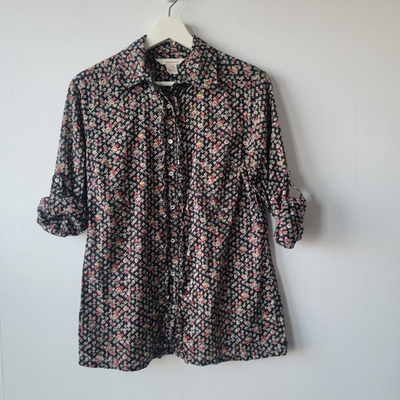 #ad Sundance women#x27;s Floral Peasant top Size M roll tab sleeve ruffle Button Down $29.99
