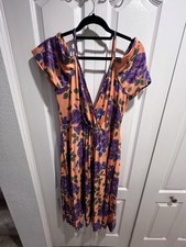 ASOS Orange Floral V-Neck Cold Shoulder Sleeve Midi Dress Purple Roses Size 14