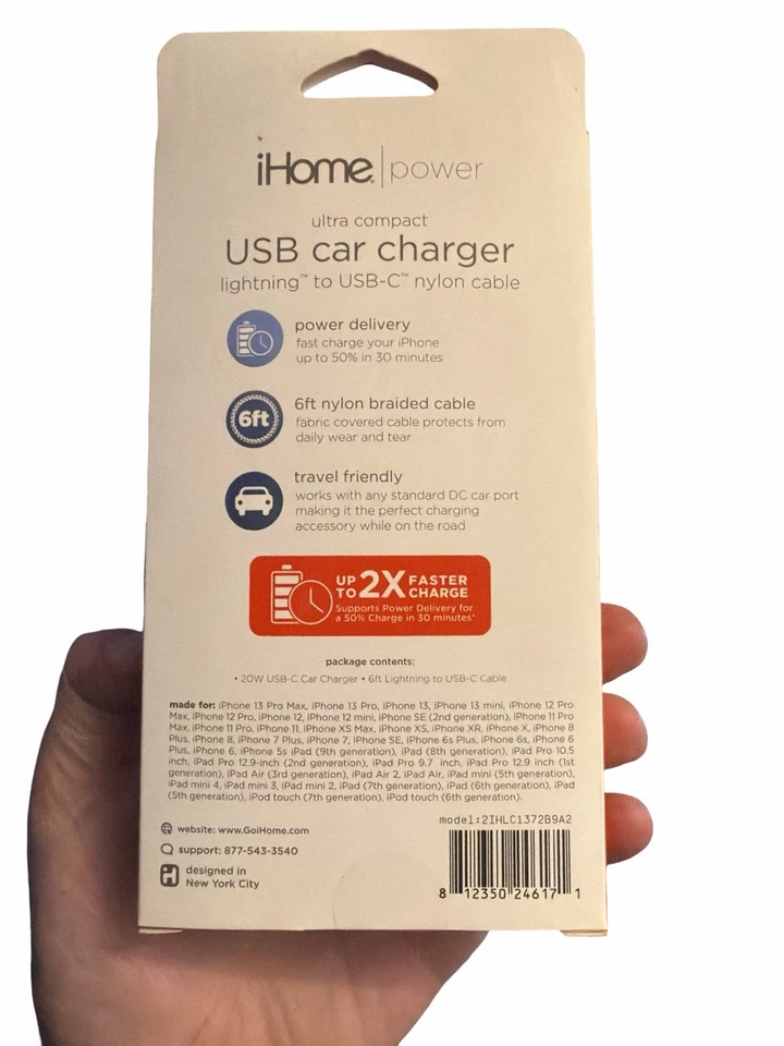 Carregador de carro iHome 20W USB-C + cabo Lightning de 6 pés certificado MFi iPhone rápido - Imagem 2 de 2