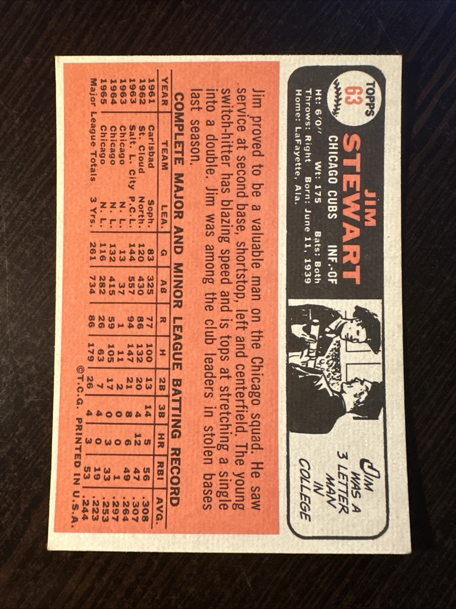 1966 TOPPS #63 JIM STEWART CHICAGO CUBS NM *Hot Corner Vintage* A