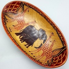 Handcrafted Decorative Carved Wood Oval Bowl - Giraffes  Elephants 11"x 5.5"x2"