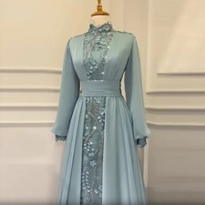 Modest Green Muslim Evening Dresses Full Sleeves High Collar Prom Dresses HOT