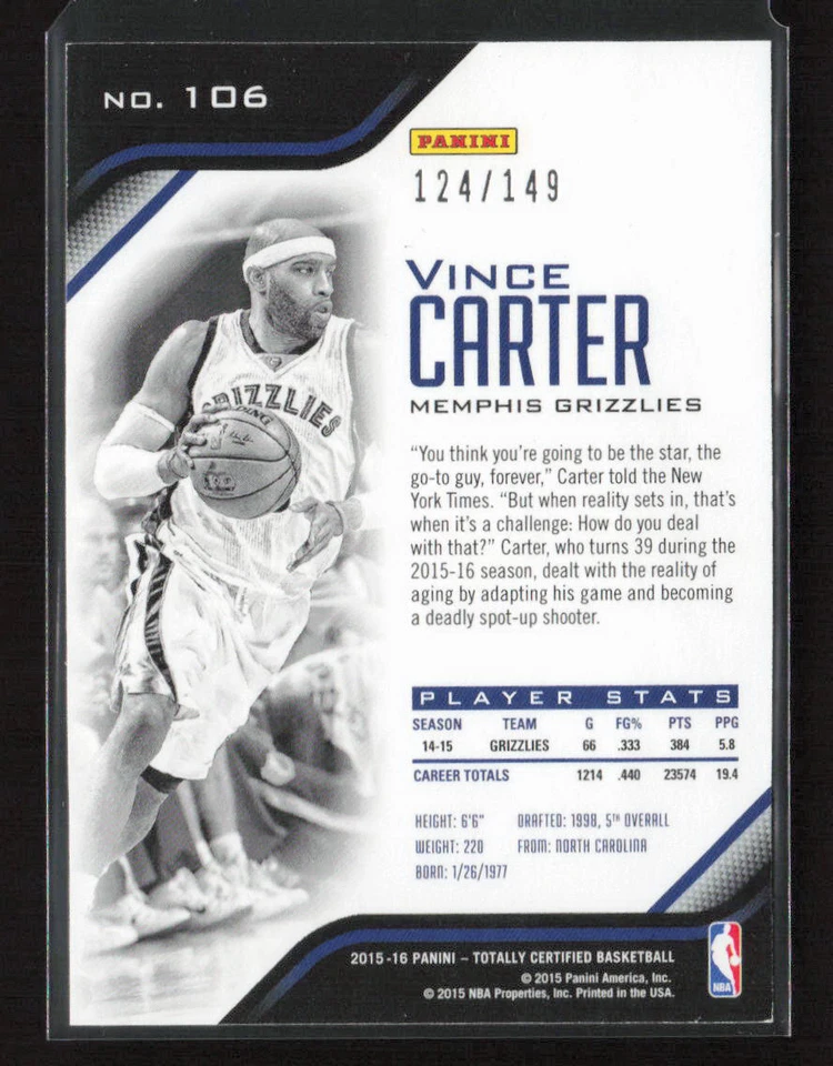 2015-16 Panini Totally Certified #106 Vince Carter Mirror Red #/149 - Image 2 of 2