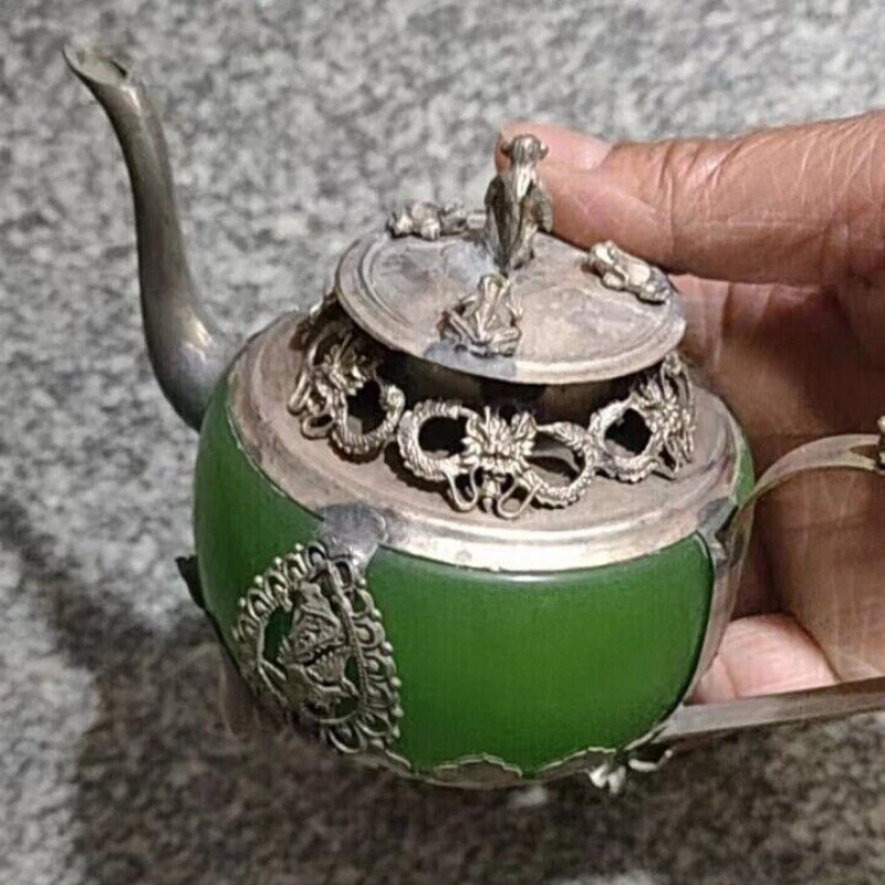 Colecionável Decorado Antigo Artesanal Jade e Tibete Prata Dragão Tea Pot Macaco NER - Imagem 3 de 3