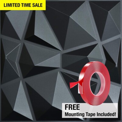 Black 3D Wall Panels PVC Peel & Stick - 12 Pack 19.7''x19.7'' Tiles - FREE TAPE