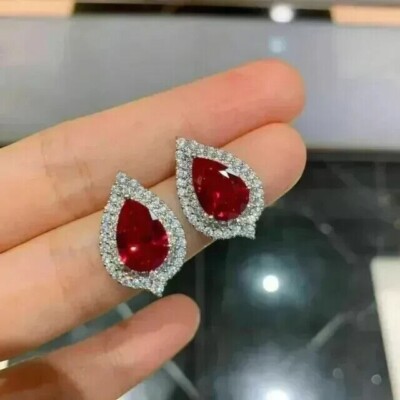 2Ct Pear Lab Created Ruby Halo Stud Pretty Earrings 14K White Gold Plated Silver