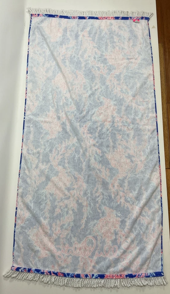 Lilly Pulitzer Beach Towel Borealis Blue Swim on Over Coral Red White Velour - Image 2 of 4