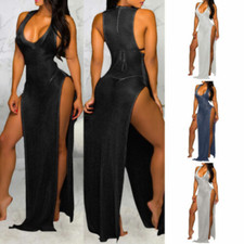 Women High Slit Deep V Neck Dress Bodycon Sexy Sleeveless Dress Beach Party US