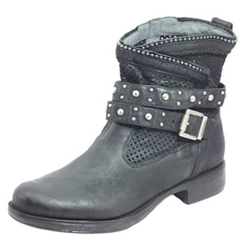Stivaletto donna biker nero con fibbia e zip gomma alta antiscivolo