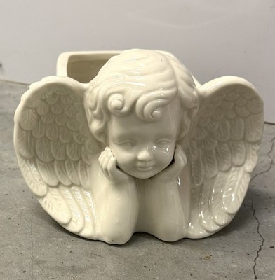 Vintage Glossy White Cherub Angel With Rectangle Ceramic Planter